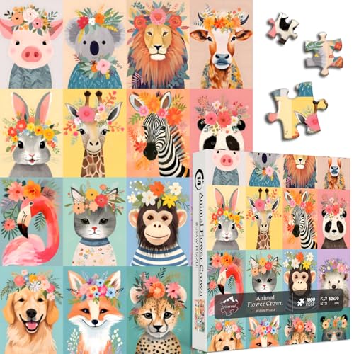 Blumenkronen-Puzzle für Erwachsene, 1000 Teile, PICKFORU Tier-Collage-Puzzle, Blumenkrone, buntes Puzzle, Hund, Katze, Puzzle, Kunst, anspruchsvoll von PICKFORU