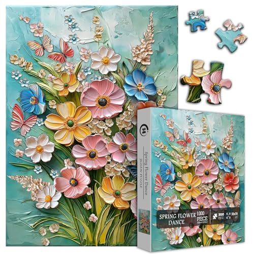 Blumenpuzzles für Erwachsene 1000 Teile, Frühlingspflanze Floral Puzzle, Schmetterling Garten Wildblume Kunst Puzzle Malerei von PICKFORU