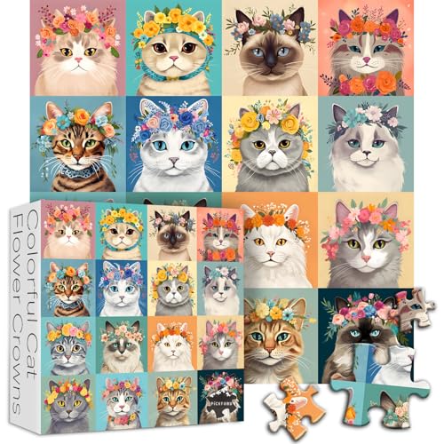 Bunte Katzenpuzzles für Erwachsene, 1000 Teile, Katzen-Blumenkronen-Puzzle, Kätzchen, Kätzchen, Kätzchen, Blumenpuzzle, lustige Katzen-Collage, Puzzle, Herausforderung von PICKFORU