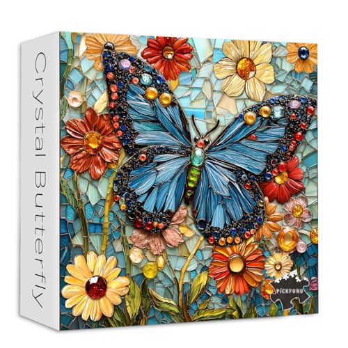 Bunte Schmetterlingspuzzles für Erwachsene, 1000 Teile, Kristall, PICKFORU Blumenpuzzles für Erwachsene, Buntglas, herausfordernde Tiere, Puzzle, Garten, Wildblume als Wanddekoration von PICKFORU