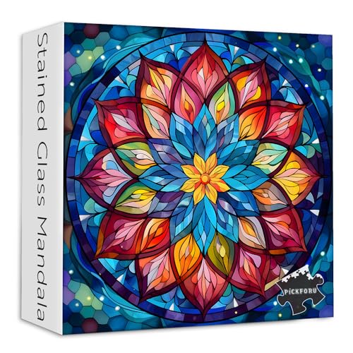 Buntglas-Puzzle, Mandala-Puzzle für Erwachsene, 1000 Teile, buntes Mandala-Blumen-Puzzle, Kunst, unmöglich, hart, schwierig, herausfordernd, Puzzles für Erwachsene von PICKFORU