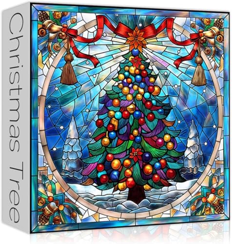 Buntglas-Puzzle Weihnachtspuzzles 1000 Teile, Mosaik Weihnachtsbaum Jigsaw Puzzles Kunst, Vintage Xmas Holiday Puzzles, Impossible Hard Hard Hard Challenging Puzzles for Adults von PICKFORU