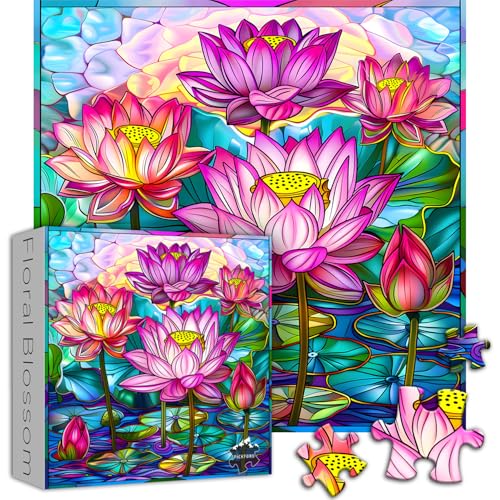 Buntglas-Puzzles für Erwachsene, 1000 Teile, Lotusblüten-Puzzle, Kunst, unmögliche harte herausfordernde Puzzles für Erwachsene, buntes florales Buntglas-Puzzle, Wasserlilie von PICKFORU