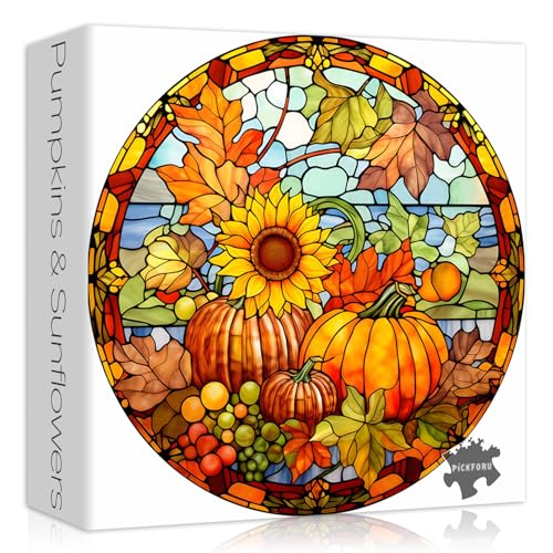 Buntglas-Puzzles für Erwachsene, Halloween, Erntedankfest, Kürbis-Sonnenblumen-Puzzle, Herbst, 1000 Teile, rund, hart, unmöglich, herausforderndes Puzzle von PICKFORU