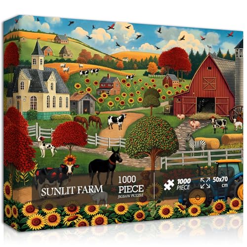 Country Life Bauernhof Puzzles für Erwachsene 1000 Teile, Natur Herbst Landschaft Puzzle Sonnenblume Kuh Vögel, Herausforderndes Puzzle Herbstlandschaft von PICKFORU