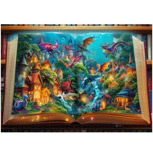 Drachen Puzzle für Erwachsene 1000 Teile, Magische Bibliothek Buch Puzzle Natur Wald Tier, Fantasy Dinosaurier Jigsaw Puzzle, Unmöglich Schwierig Harte Herausforderung Puzzle von PICKFORU