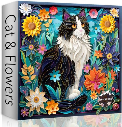 Katzenpuzzles für Erwachsene 1000 Teile, Kätzchen Blumen Puzzles, Floral Garden Puzzles Kitty, Herausfordernde Kunst Jigsaw Puzzle Papier Schneiden von PICKFORU