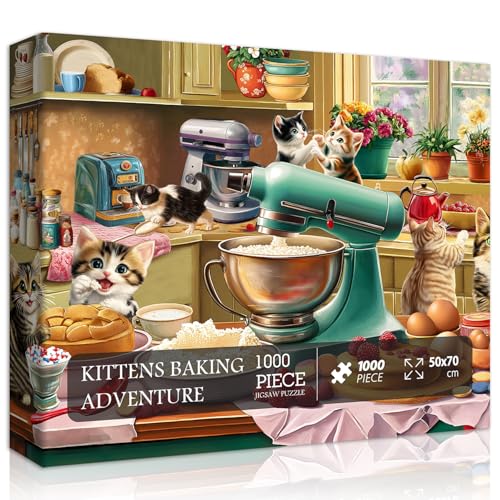 Katzenpuzzles für Erwachsene 1000 Teile, Lustige Puzzles Kätzchen, Essen Kuchen Katze in Küche Puzzle, Tier Kitty Jigsaw Puzzle Herausforderung von PICKFORU