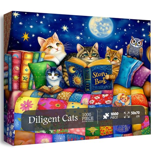 Katzenpuzzles für Erwachsene 1000 Teile, PICKFORU Fleißige Katzen Puzzles, Kätzchenbuchpuzzle 1000 Teile für Katzenliebhaber von PICKFORU