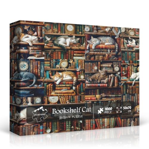 Katzenpuzzles für Erwachsene 1000 Teile, PICKFORU Kitten Buch Puzzles, Vintage Katze Bücherregal Puzzle, 1000 Teile für Katzenliebhaber von PICKFORU