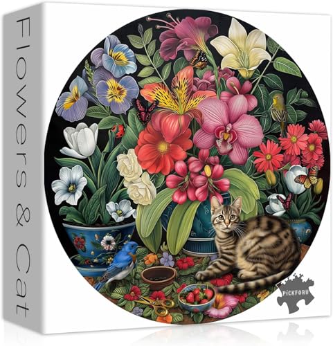 Katzenpuzzles für Erwachsene 1000 Teile, Vintage Blumenpuzzle sammelt Vogel Schmetterling, rundes Kätzchen-Puzzle Floral von PICKFORU