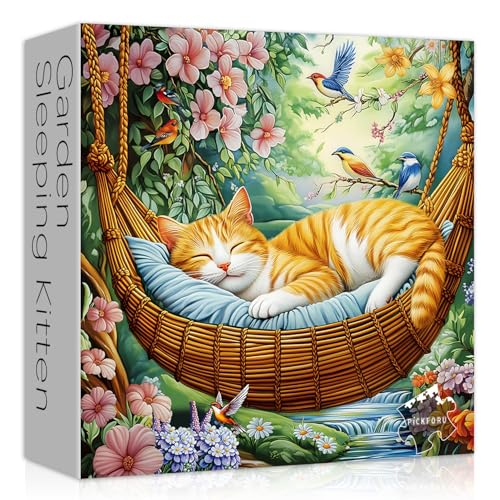 Katzenpuzzles für Erwachsene 1000 Teile Schlafende Katze Kätzchen Blumenpuzzles Vintage Natur Vögel Kitty Tier Puzzle Frühling Floral Garten Puzzles von PICKFORU