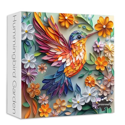 Kolibri 1000 Teile Puzzle für Erwachsene, PICKFORU Vogel Blume Puzzle 1000 Teile, Quilling Papier Cut Kunst Puzzle, Herausforderndes Blumengartenpuzzle als Wanddekoration von PICKFORU