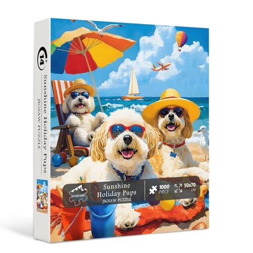 Lustiger Hund 1000 Teile Puzzle für Erwachsene, PICKFORU Urlaub Meer Jigsaw Puzzles 1000 Teile, Niedliche Welpen Tiere Puzzles, Einzigartige Unmögliche Sommer Strand Puzzle als Wanddekoration von PICKFORU