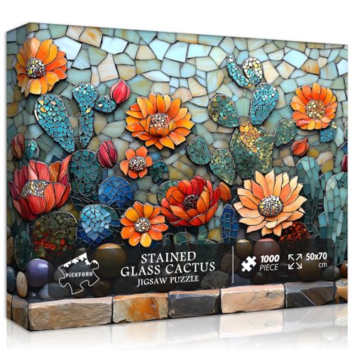 Mosaik Sukkulenten Puzzle für Erwachsene 1000 Teile, Buntglas Kaktus Puzzles, schwierige Pflanze Blumenpuzzle Garten, unmöglich hart herausfordernde Puzzles für Erwachsene Natur Kunst von PICKFORU