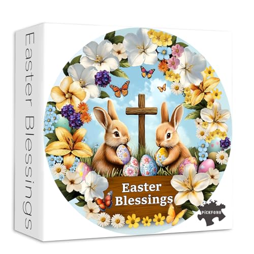 Osterpuzzles für Erwachsene 1000 Teile, PICKFORU Blumenhase Puzzles, Kreuz Ostereier Puzzles, Rundes Frühlingsblumenpuzzle für Pflanzenliebhaber von PICKFORU