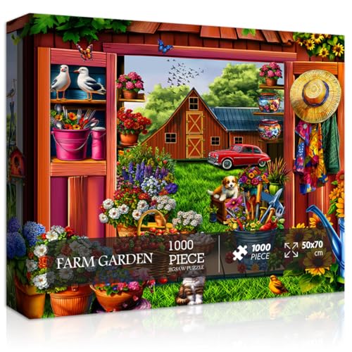 PICKFORU Bauernhof Puzzle für Erwachsene 1000 Teile, Blumenpuzzle Eigenschaften Katze Hund Vogel Tier, Natur Pflanze Puzzles Scheune, Herausfordernde Puzzles für Erwachsene von PICKFORU