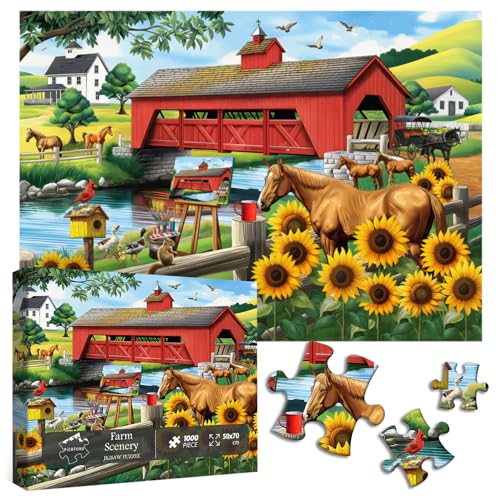 PICKFORU Bauernhoftiere Puzzles für Erwachsene 1000 Teile, Vintage Scheune Country Horse Puzzle 1000 Teile, Sonnenblume Pflanze Malerei Jigsaw Puzzles als Wohnkultur von PICKFORU