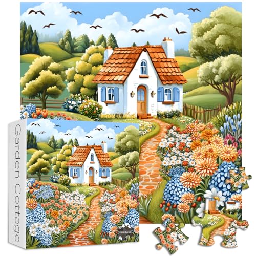 PICKFORU Blumenpuzzle 1000 Teile, Vintage Pflanzenpuzzles für Erwachsene Garten Kunst Haus, Impossible Spring Painting Puzzle für Erwachsene 1000 Teile von PICKFORU