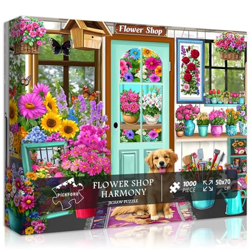 PICKFORU Blumenpuzzle für Erwachsene, 1000 Teile, Naturblumenladen, Pflanzenpuzzle, Hütte, buntes Frühlingspuzzle, Garten, Blumenhund, Puzzle von PICKFORU