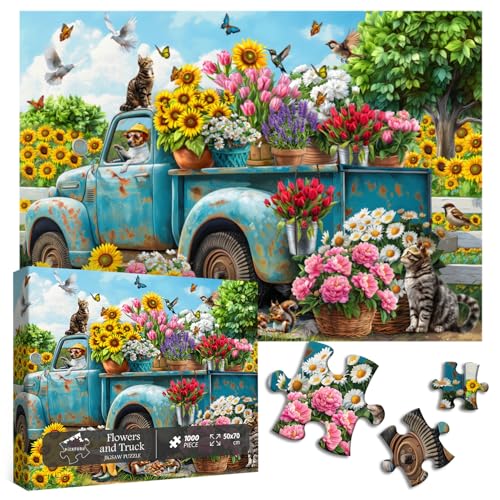 PICKFORU Blumenpuzzles für Erwachsene, 1000 Teile, buntes Frühlingsblumen-Garten-Puzzle, schwieriges LKW-Tierpuzzle als Heimdekoration von PICKFORU