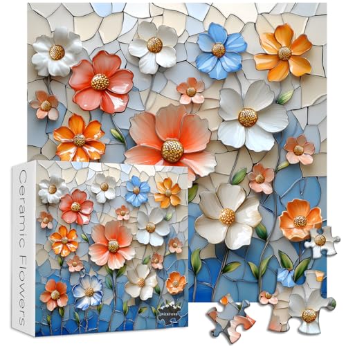 PICKFORU Blumenwandpuzzles für Erwachsene, 1000 Teile, buntes Mosaik-Blumen-Puzzle, Keramik-Kunstpuzzle, hartes schwieriges Frühlings-Wildblumen-Puzzle als Hausdekoration von PICKFORU