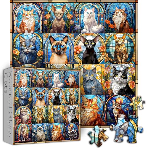 PICKFORU Buntglas-Puzzles für Erwachsene, 1000 Teile, Kätzchen-Puzzle, Collage-Puzzle, 1000 Teile, harte, unmögliche herausfordernde Puzzles, buntes Mosaik-Katzen-Puzzle von PICKFORU