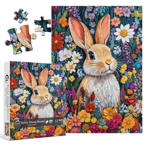 PICKFORU Hasen-Puzzles für Erwachsene, Frühlingsblumen-Puzzle, 1000 Teile, Kaninchengarten, buntes Osterpuzzle als Blumen-Wandkunst von PICKFORU