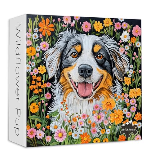 PICKFORU Hunde-Puzzle, 1000 Teile, buntes Blumengarten-Puzzle, niedliche Welpen-Puzzles für Erwachsene, Wildblumen-Pflanze, herausfordernde Tier-Puzzles als Wanddekoration von PICKFORU