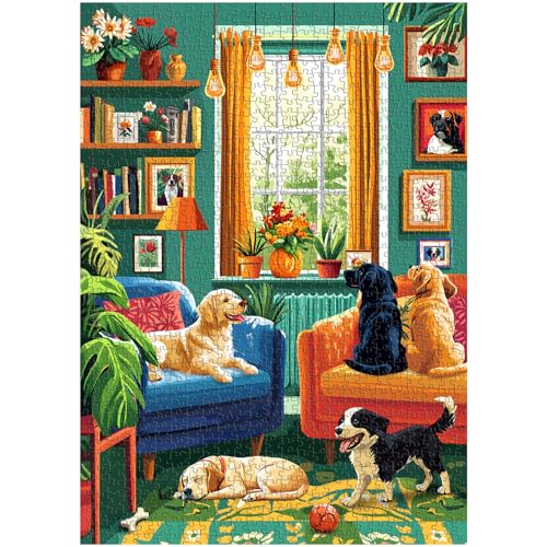 PICKFORU Hunde-Puzzles für Erwachsene, 1000 Teile, Vintage-Welpen-Puzzle, Zimmerpflanze, einzigartiges Wohnzimmer-Puzzle als Heimkunst von PICKFORU