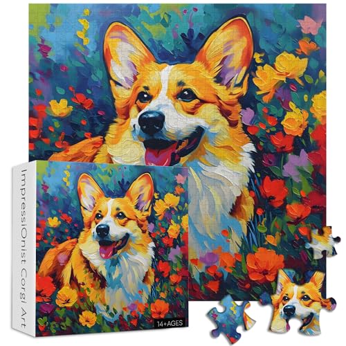 PICKFORU Hunde-Puzzles für Erwachsene, ab 1000 Teile, Corgi Welpenpuzzle mit bunten Blumen, niedliche Tierpuzzles als Kunst-Wanddekoration von PICKFORU
