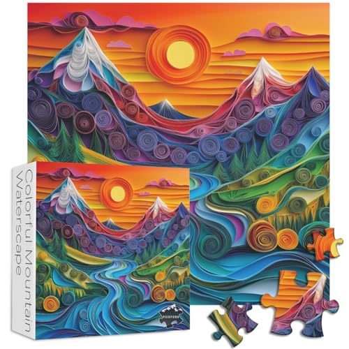 PICKFORU Impossible Puzzles für Erwachsene, 1000 Teile, Quilling-Papierschnitt-Kunst-Puzzle, Natur, Berg, Sonnenuntergang, buntes Landschaftspuzzle als Wanddekoration von PICKFORU