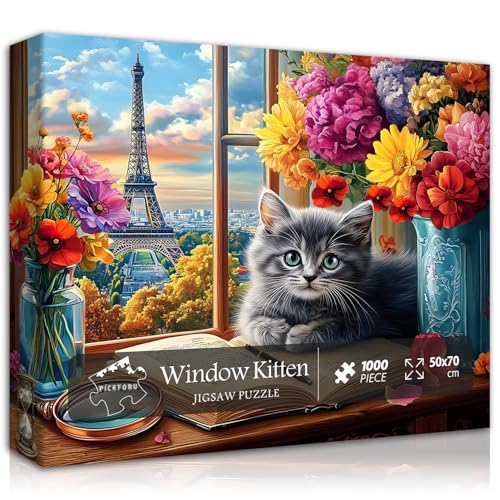 PICKFORU Katzen-Puzzles für Erwachsene, 1000 Teile, Kätzchen-Blumen-Bücher-Puzzle, Eiffelturm, Kätzchen-Puzzle, malerisch, Tiere, florales Puzzle für Erwachsene von PICKFORU