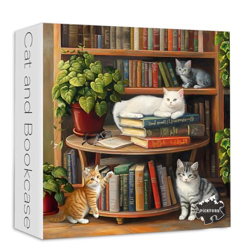 PICKFORU Katzenpuzzles für Erwachsene 1000 Teile, Vintage Bibliothek Buch Puzzle Katze Bücherregal, Schwieriges herausforderndes Kätzchen-Puzzle als Wohnkultur von PICKFORU