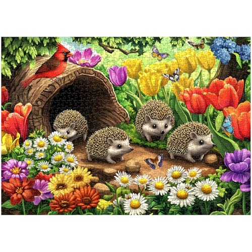 PICKFORU Tierpuzzles für Erwachsene, 1000 Teile, Frühlings-Igel-Puzzle, Schmetterlingskardinal, buntes Blumen-Pflanzenpuzzle als Heimdekoration von PICKFORU