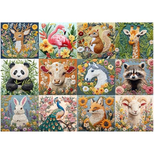 PICKFORU Tierpuzzles für Erwachsene, 1000 Teile, buntes Wildblumen-Puzzle, florale Kunst, lustige Stickerei-Tiere, Puzzle, Pfau, Hirsch von PICKFORU