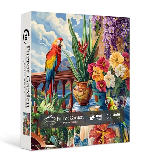 PICKFORU Vintage Papageien-Puzzles für Erwachsene, 1000 Teile, buntes Gartenblumen-Puzzle, einzigartiges Tier-Pflanzen-Puzzle als Heimdekoration von PICKFORU