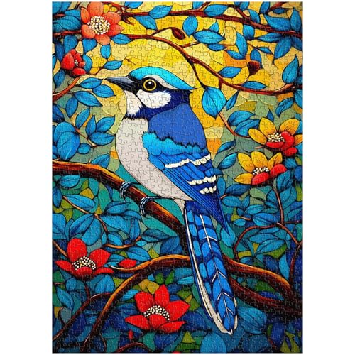 PICKFORU Vögel Puzzles für Erwachsene 1000 Teile, Vintage Tierpuzzle Blue Jay, Impossible Flower Tree Puzzle als Wohnkultur von PICKFORU