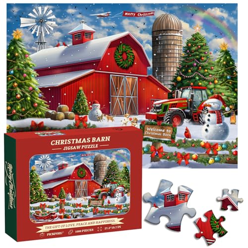 PICKFORU Weihnachten 1000 Teile Puzzle für Erwachsene, Weihnachten Scheune Bauernhof Tier Puzzle 1000 Teile, Windmühle Winterszene Puzzle als Wohnkultur von PICKFORU