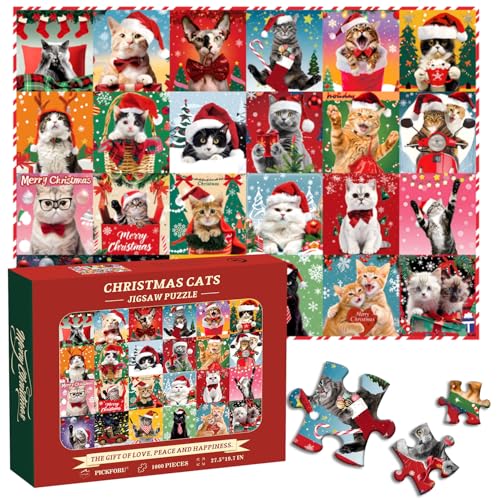 PICKFORU Weihnachtliche Katzenpuzzles für Erwachsene, 1000 Teile, lustige Tierpuzzles für Erwachsene, buntes niedliches Kätzchen-Puzzle als Wanddekoration für Zuhause von PICKFORU