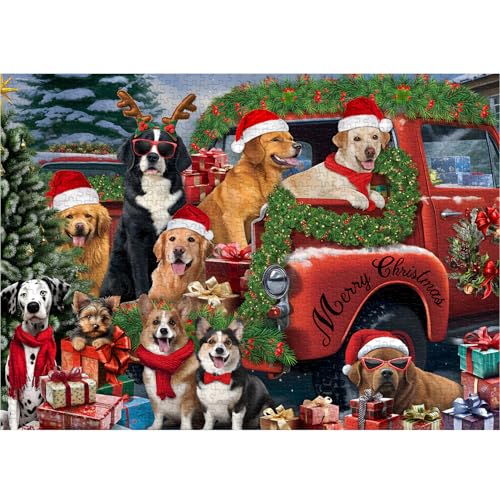 PICKFORU Weihnachtshunde-Puzzles für Erwachsene 1000 Teile, schwierige Weihnachtsszene Tierpuzzle, lustiges Welpen-Puzzle als Heimwandkunst-Dekor von PICKFORU