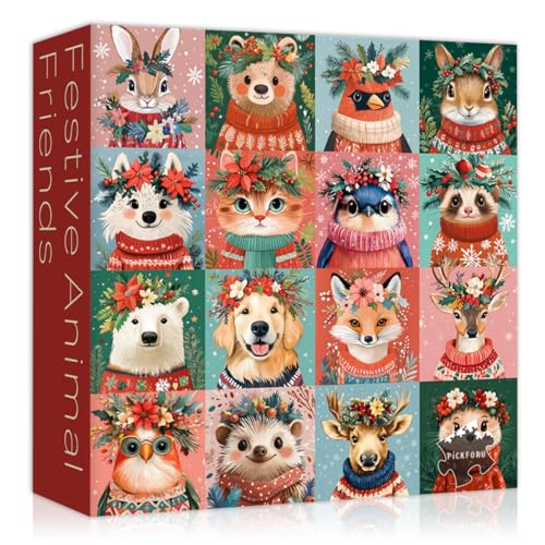 PICKFORU Weihnachtspuzzles 1000 Teile für Erwachsene, Urlaub Puzzles Tier Hund Katze Puzzle mit Blumenkrone, Lustige Winter Xmas Collage Jigsaw Puzzle 1000 Teile von PICKFORU