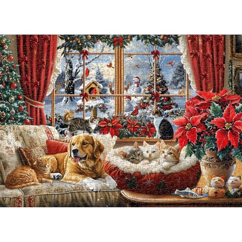 PICKFORU Weihnachtspuzzles für Erwachsene, 1000 Teile, Weihnachtskatzen-Puzzle, Hunde-Kardinal, schwierige Tier-Puzzles als Heimdekoration von PICKFORU