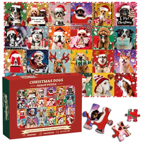 PICKFORU Weihnachtspuzzles für Erwachsene, 1000 Teile, lustige Weihnachtstierpuzzles für Erwachsene, buntes süßes Welpenpuzzle als Wanddekoration für Zuhause von PICKFORU