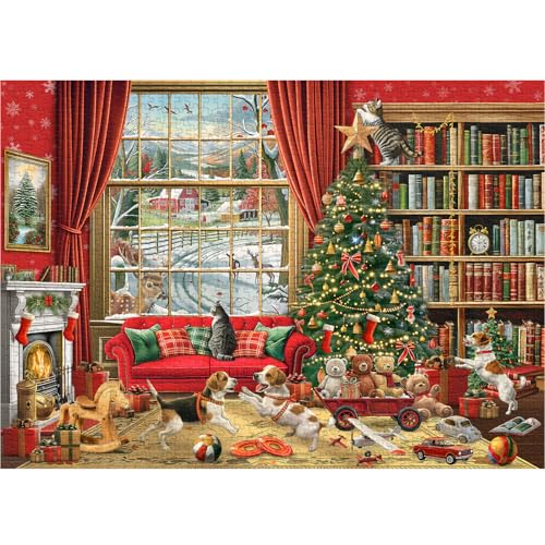 PICKFORU Weihnachten 1000 Teile Puzzle für Erwachsene, Vintage Katze Hund Puzzle 1000 Teile, Winter Weihnachten Kamin Tier Puzzles als Home Wall Art Decor von PICKFORU