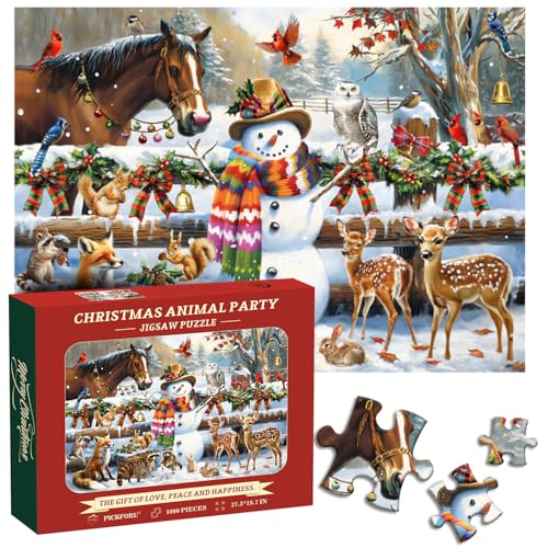 PICKFORU Weihnachtstier 1000 Teile Puzzle für Erwachsene, Niedliche Vogel Waschbär Hirsch Puzzles 1000 Teile, Vintage Winter Schneeszene Weihnachtspuzzle von PICKFORU