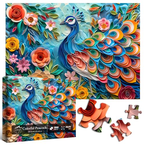 Pfauen-Puzzles für Erwachsene, 1000 Teile, Vogel-Blumen-Puzzle, Kunst, unmöglicher Pfau-Garten-Puzzle, harte, schwierige, anspruchsvolle Puzzles von PICKFORU