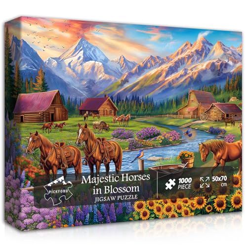 Pferde Puzzles für Erwachsene 1000 Teile, Natur Landschaft Puzzles Blume Berglandschaft, Herausfordernde Puzzles mit Tieren Landschaft von PICKFORU