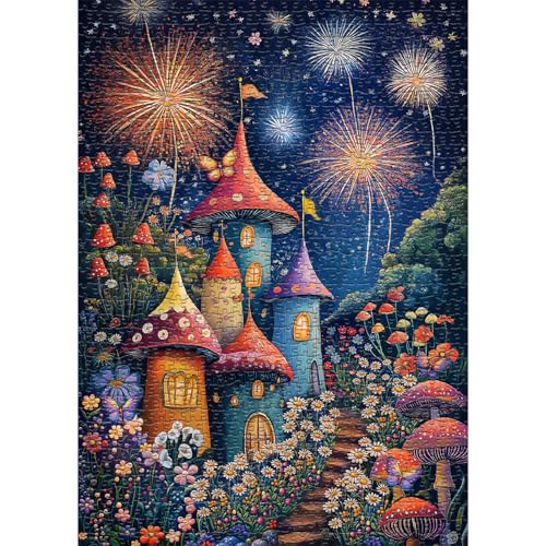 Pilz Puzzle 1000 Teile, Magisches Pilzhaus Natur Pflanze Blume Puzzles für Erwachsene, Fantasy Garten Floral Butterfly Jigsaw Puzzle von PICKFORU