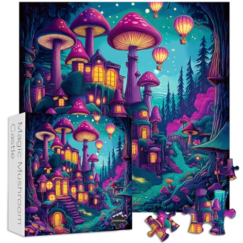 Pilze 1000 Teile Puzzle für Erwachsene, PICKFORU Vintage Wald Puzzles 1000 Teile Fantasieschlösser, herausforderndes Glühkunst-Puzzle als Hausdekor von PICKFORU